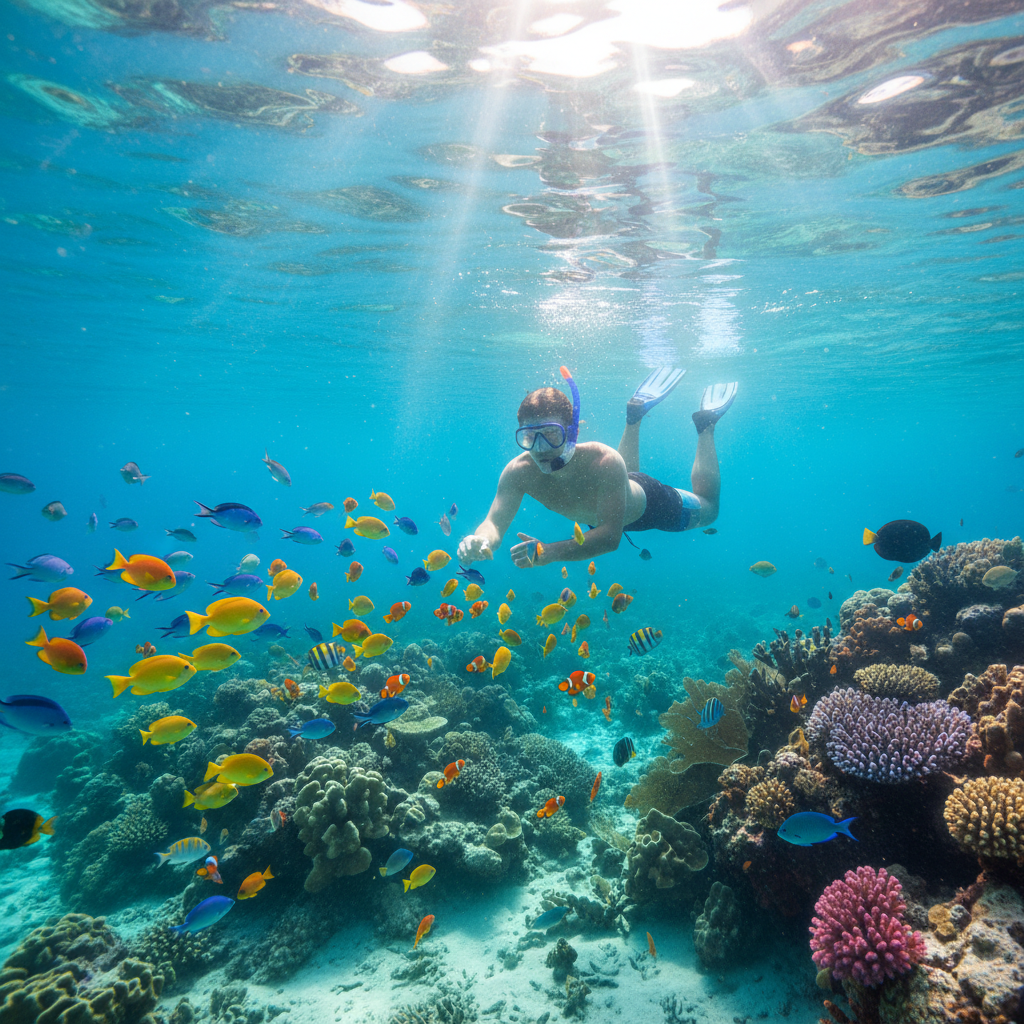 Snorkeling with tropical fish in crystal clear Caribbean water